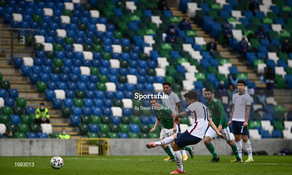 28 March 2021; Christian Pulišic of USA shoots to score his side's second goal from a penalty during the International friendly match between Northern Ireland and USA at the National Football Stadium at Windsor Park in Belfast. Photo by David Fitzgerald/Sportsfile