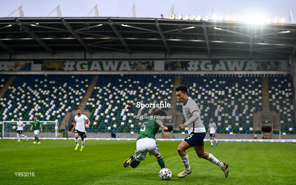28 March 2021; Antonee Robinson of USA in action against Matthew Kennedy of Northern Ireland during the International friendly match between Northern Ireland and USA at the National Football Stadium at Windsor Park in Belfast. Photo by David Fitzgerald/Sportsfile
