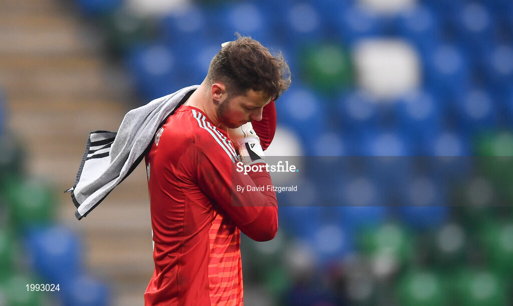 28 March 2021; Northern Ireland goalkeeper Conor Hazard following his side's defeat in the International friendly match between Northern Ireland and USA at the National Football Stadium at Windsor Park in Belfast. Photo by David Fitzgerald/Sportsfile