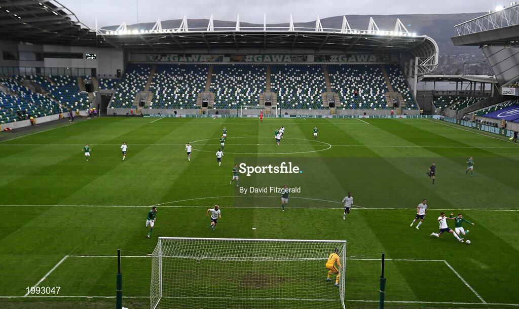 28 March 2021; Shayne Lavery of Northern Ireland has a shot on goal during the International friendly match between Northern Ireland and USA at National Football Stadium at Windsor Park in Belfast. Photo by David Fitzgerald/Sportsfile