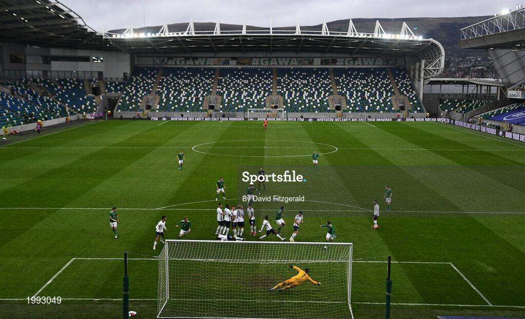 28 March 2021; Kyle Lafferty of Northern Ireland takes a free kick during the International friendly match between Northern Ireland and USA at National Football Stadium at Windsor Park in Belfast. Photo by David Fitzgerald/Sportsfile