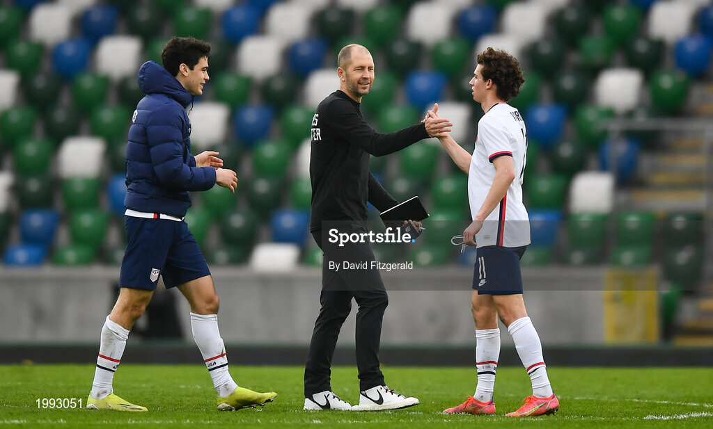 28 March 2021; USA manager Gregg Berhalter, centre, with Luca de la Torre, right, and Giovanni Reyna following the International friendly match between Northern Ireland and USA at National Football Stadium at Windsor Park in Belfast. Photo by David Fitzgerald/Sportsfile