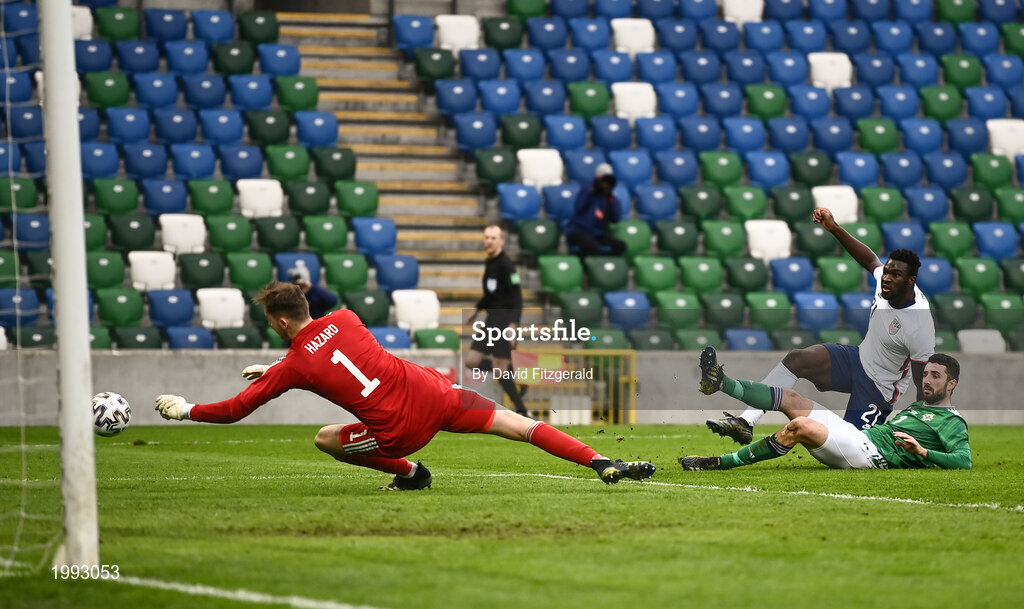 28 March 2021; Conor Hazard of Northern Ireland saves a shot from Daryl Dike of USA during the International friendly match between Northern Ireland and USA at National Football Stadium at Windsor Park in Belfast. Photo by David Fitzgerald/Sportsfile