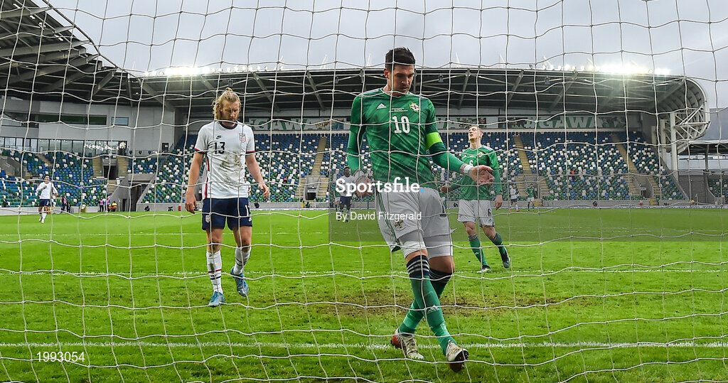 28 March 2021; Kyle Lafferty of Northern Ireland reacts during the International friendly match between Northern Ireland and USA at National Football Stadium at Windsor Park in Belfast. Photo by David Fitzgerald/Sportsfile