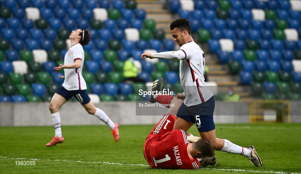 28 March 2021; Antonee Robinson of USA in action against Conor Hazard of Northern Ireland during the International friendly match between Northern Ireland and USA at National Football Stadium at Windsor Park in Belfast.