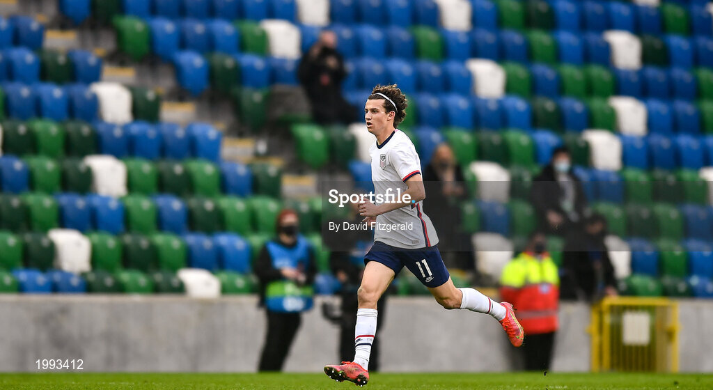 28 March 2021; Brenden Aaronson of USA during the International friendly match between Northern Ireland and USA at National Football Stadium at Windsor Park in Belfast. Photo by David Fitzgerald/Sportsfile