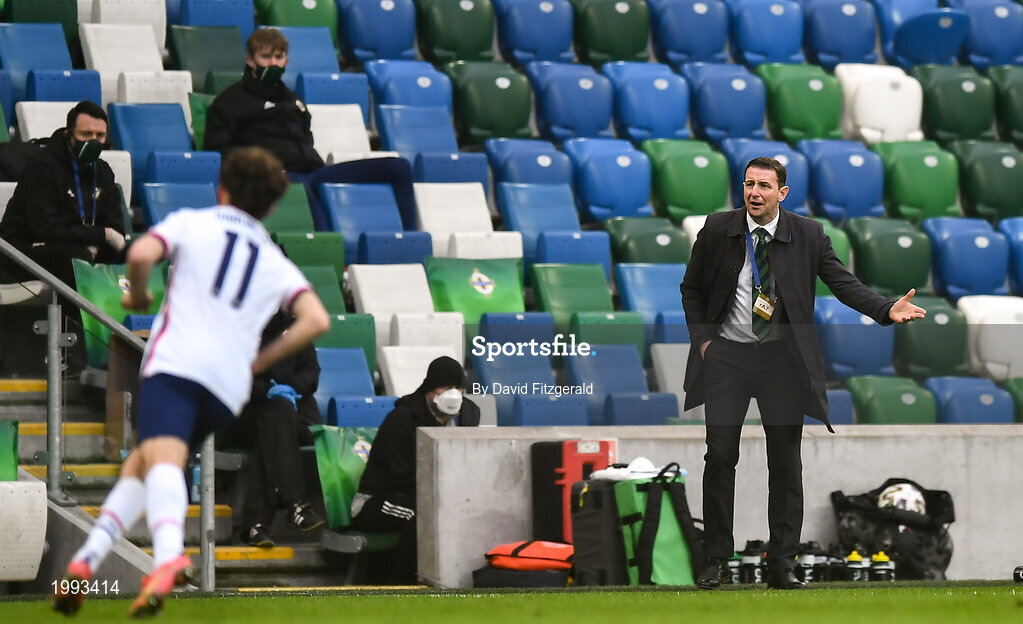 28 March 2021; Northern Ireland manager Ian Baraclough during the International friendly match between Northern Ireland and USA at National Football Stadium at Windsor Park in Belfast. Photo by David Fitzgerald/Sportsfile