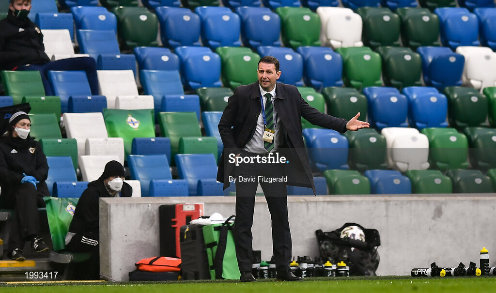 28 March 2021; Northern Ireland manager Ian Baraclough during the International friendly match between Northern Ireland and USA at National Football Stadium at Windsor Park in Belfast. Photo by David Fitzgerald/Sportsfile