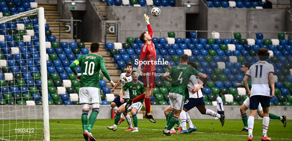 28 March 2021; Conor Hazard of Northern Ireland makes a save during the International friendly match between Northern Ireland and USA at National Football Stadium at Windsor Park in Belfast. Photo by David Fitzgerald/Sportsfile