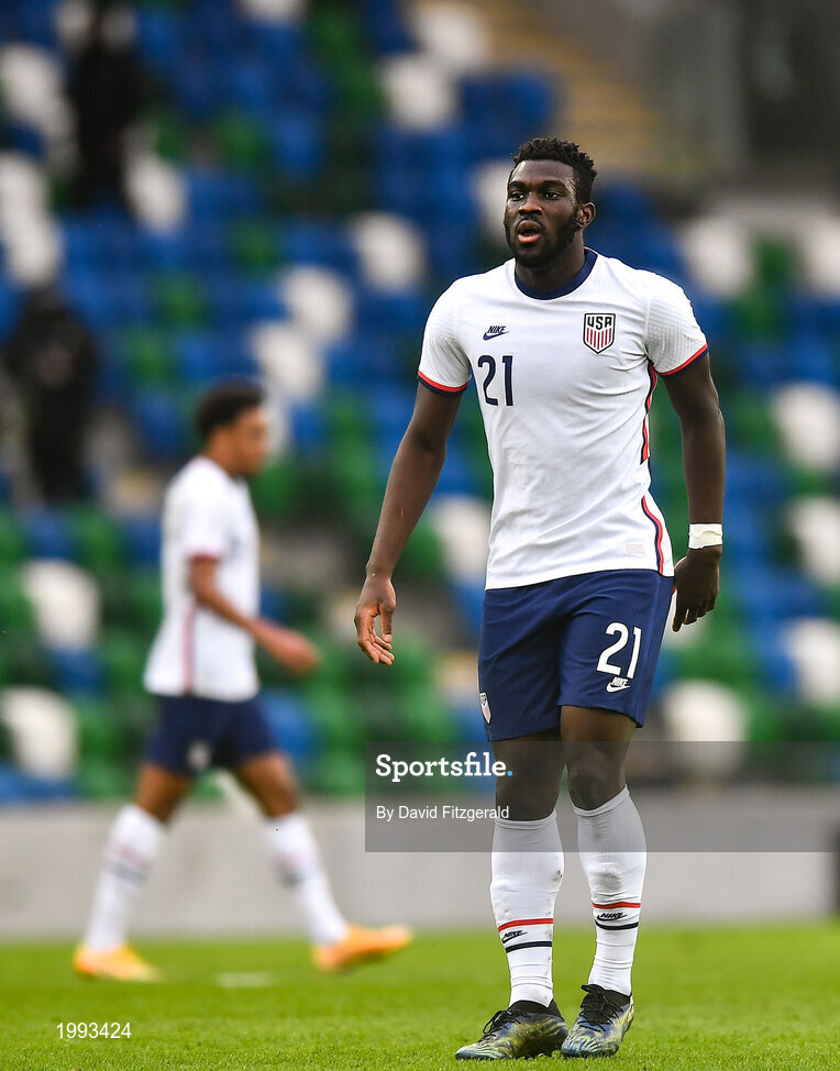 28 March 2021; Daryl Dike of USA during the International friendly match between Northern Ireland and USA at National Football Stadium at Windsor Park in Belfast. Photo by David Fitzgerald/Sportsfile