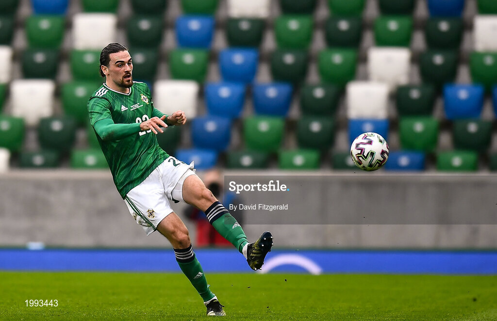 28 March 2021; Ciaron Brown of Northern Ireland during the International friendly match between Northern Ireland and USA at National Football Stadium at Windsor Park in Belfast. Photo by David Fitzgerald/Sportsfile