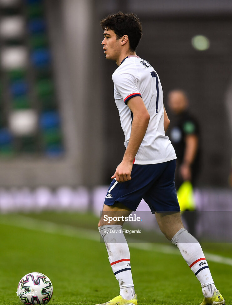 28 March 2021; Giovanni Reyna of USA during the International friendly match between Northern Ireland and USA at National Football Stadium at Windsor Park in Belfast. Photo by David Fitzgerald/Sportsfile