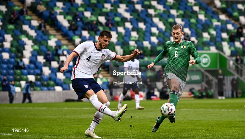 28 March 2021; Matthew Miazga of USA in action against George Saville of Northern Ireland during the International friendly match between Northern Ireland and USA at National Football Stadium at Windsor Park in Belfast. Photo by David Fitzgerald/Sportsfile