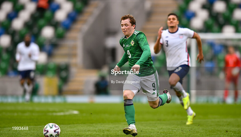 28 March 2021; Shayne Lavery of Northern Ireland during the International friendly match between Northern Ireland and USA at National Football Stadium at Windsor Park in Belfast. Photo by David Fitzgerald/Sportsfile