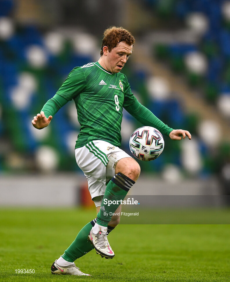 28 March 2021; Shayne Lavery of Northern Ireland during the International friendly match between Northern Ireland and USA at National Football Stadium at Windsor Park in Belfast. Photo by David Fitzgerald/Sportsfile