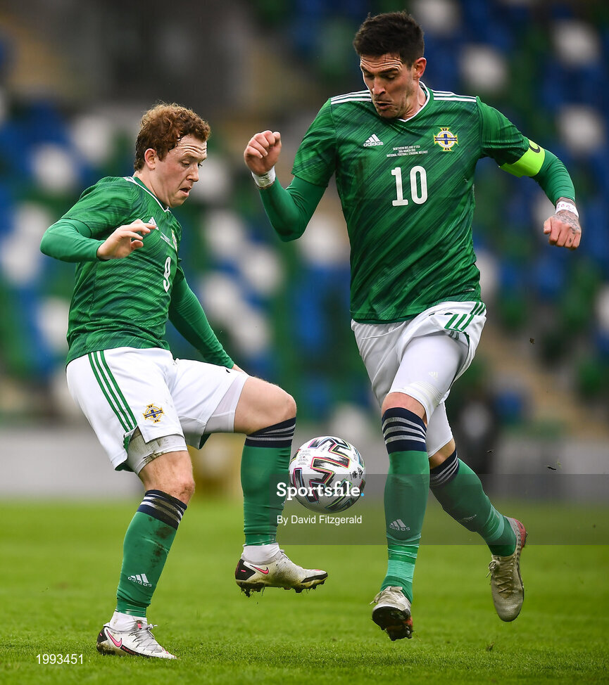 28 March 2021; Shayne Lavery of Northern Ireland, left, and Kyle Lafferty during the International friendly match between Northern Ireland and USA at National Football Stadium at Windsor Park in Belfast. Photo by David Fitzgerald/Sportsfile