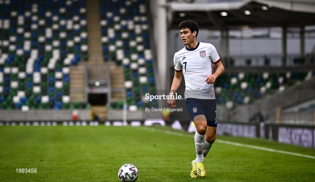 28 March 2021; Giovanni Reyna of USA during the International friendly match between Northern Ireland and USA at National Football Stadium at Windsor Park in Belfast. Photo by David Fitzgerald/Sportsfile