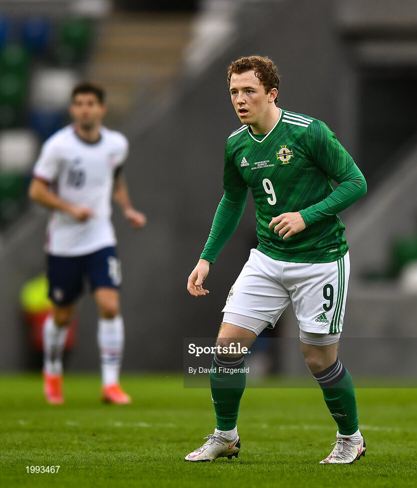 28 March 2021; Shayne Lavery of Northern Ireland during the International friendly match between Northern Ireland and USA at National Football Stadium at Windsor Park in Belfast. Photo by David Fitzgerald/Sportsfile