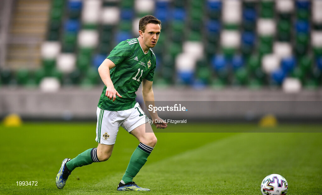 28 March 2021; Shane Ferguson of Northern Ireland during the International friendly match between Northern Ireland and USA at National Football Stadium at Windsor Park in Belfast. Photo by David Fitzgerald/Sportsfile