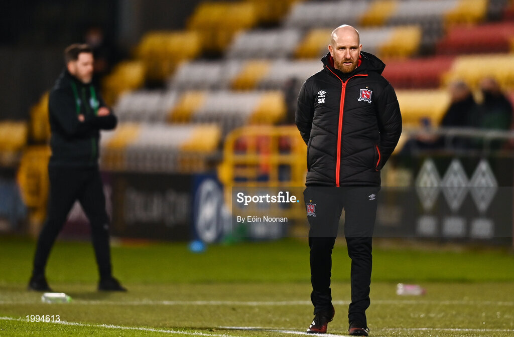 2 April 2021; Dundalk team manager Shane Keegan, right, and Shamrock Rovers manager Stephen Bradley during the SSE Airtricity League Premier Division match between Shamrock Rovers and Dundalk at Tallaght Stadium in Dublin. Photo by Eóin Noonan/Sportsfile