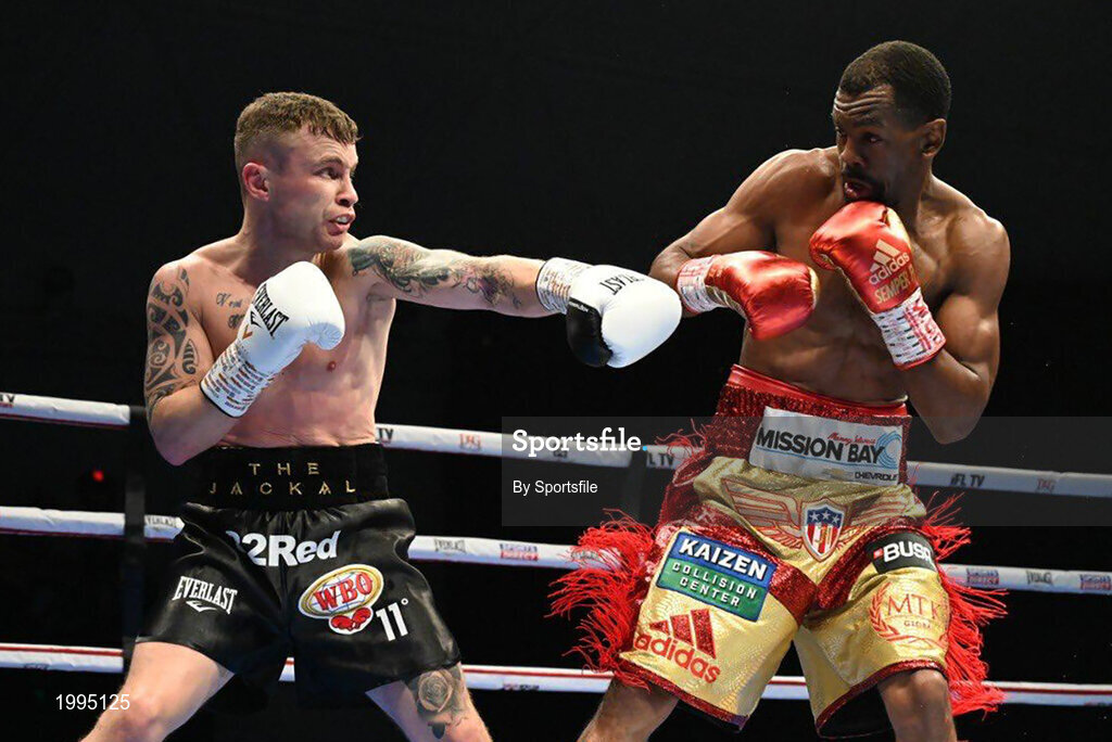 3 April 2021; Carl Frampton, left, and Jamel Herring during the WBO World Super Featherweight title bout between Carl Frampton and Jamel Herring at Caesars Palace in Dubai, United Arab Emirates. Photo by Top Rank via Sportsfile