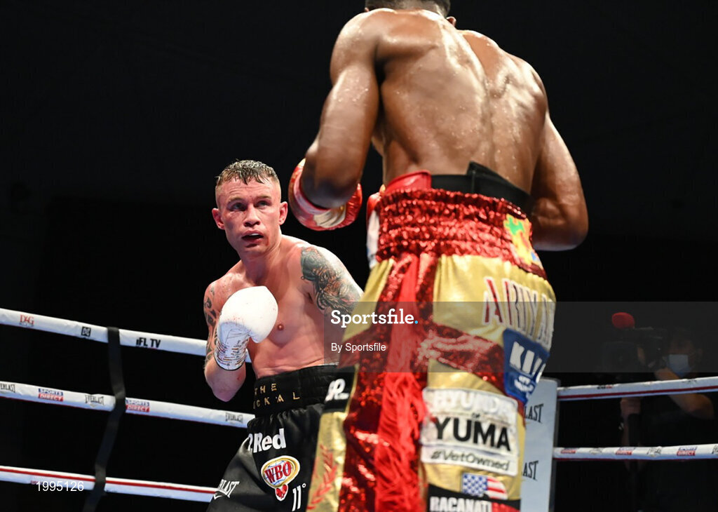 3 April 2021; Carl Frampton, left, and Jamel Herring during the WBO World Super Featherweight title bout between Carl Frampton and Jamel Herring at Caesars Palace in Dubai, United Arab Emirates. Photo by Top Rank via Sportsfile