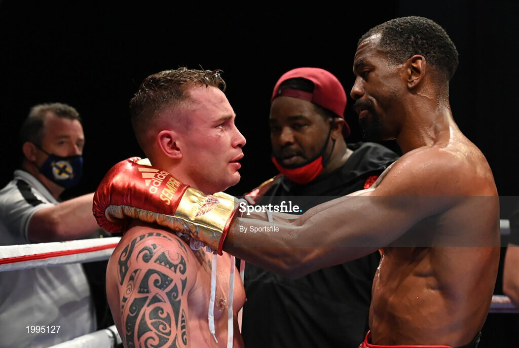 3 April 2021; Carl Frampton, left, and Jamel Herring following their WBO World Super Featherweight title bout between Carl Frampton and Jamel Herring at Caesars Palace in Dubai, United Arab Emirates. Photo by Top Rank via Sportsfile