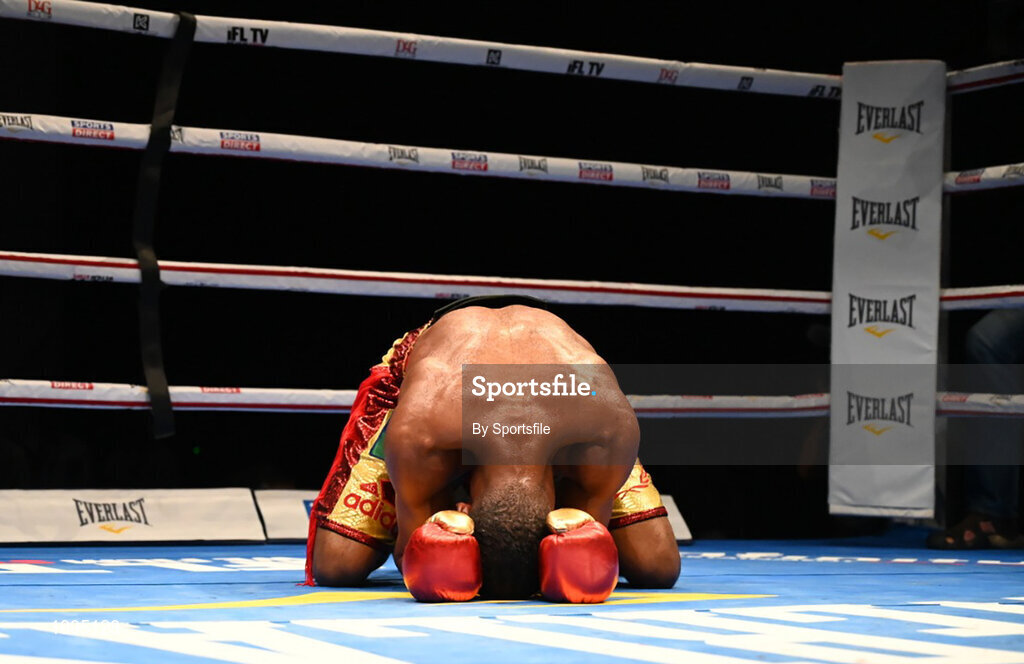 3 April 2021; Jamel Herring celebrates defeating Carl Frampton via TKO in the sixth round of the WBO World Super Featherweight title bout between Carl Frampton and Jamel Herring at Caesars Palace in Dubai, United Arab Emirates. Photo by Top Rank via Sportsfile