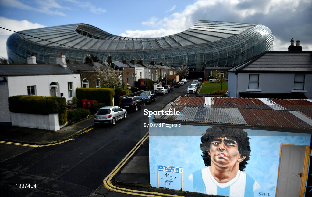 12 April 2021; A mural by Dublin artist Chelsea Jacobs depicting the late Argentine footballer Diego Maradona at Havelock Square in Dublin. Photo by David Fitzgerald/Sportsfile