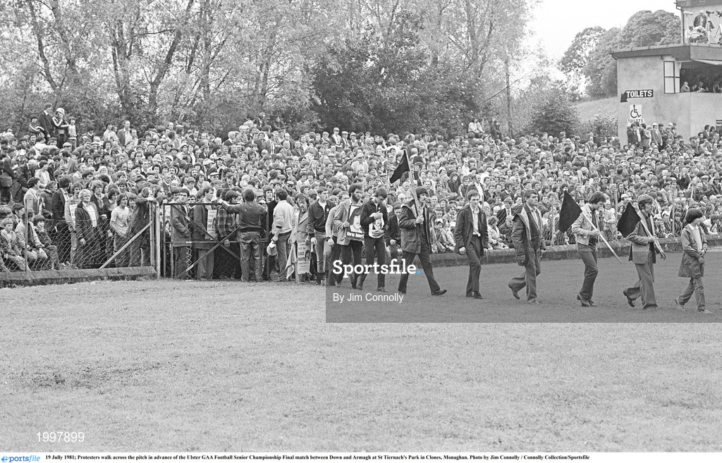 19 Jully 1981; Protesters walk across the pitch in advance of the Ulster GAA Football Senior Championship Final match between Down and Armagh at St Tiernach's Park in Clones, Monaghan. Photo by Jim Connolly / Connolly Collection/Sportsfile