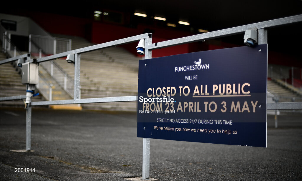 27 April 2021; Signage is seen on empty bookies stands prior to racing on day one of the Punchestown Festival at Punchestown Racecourse in Kildare. Photo by David Fitzgerald/Sportsfile