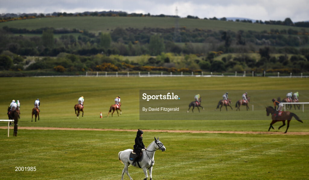 27 April 2021; RTE presenter Katie Walsh watches horses go to post prior to the Have The Conversation Say Yes To Organ Donation Novice Handicap Hurdle during day one of the Punchestown Festival at Punchestown Racecourse in Kildare. Photo by David Fitzgerald/Sportsfile