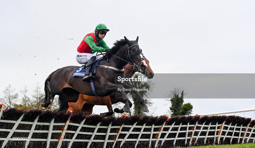 27 April 2021; Echoes in Rain, with Patrick Mullins up, clear the last on their way to winning the eCOMM Merchant Solutions Champion Novice Hurdle during day one of the Punchestown Festival at Punchestown Racecourse in Kildare. Photo by David Fitzgerald/Sportsfile