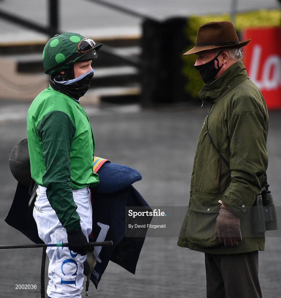 27 April 2021; Jockey Paul Townend speaks with trainer Willie Mullins following the eCOMM Merchant Solutions Champion Novice Hurdle during day one of the Punchestown Festival at Punchestown Racecourse in Kildare. Photo by David Fitzgerald/Sportsfile