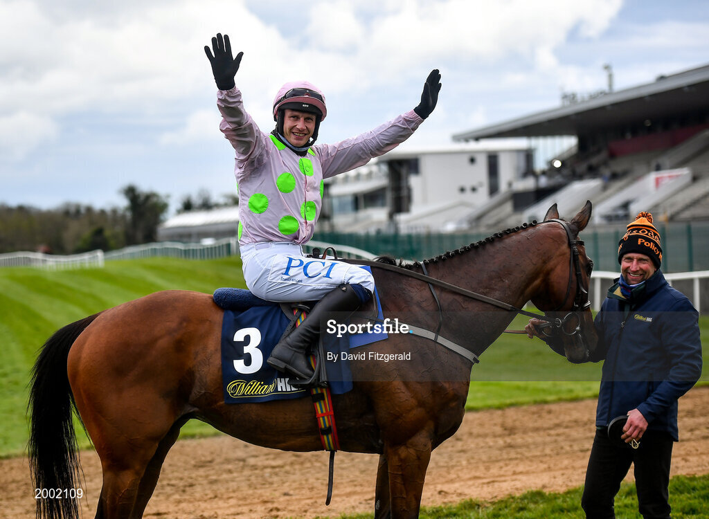 27 April 2021; Paul Townend celebrates after winning the William Hill Champion Steeplechase on Chacun Pour Soi during day one of the Punchestown Festival at Punchestown Racecourse in Kildare. Photo by David Fitzgerald/Sportsfile