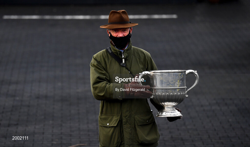 27 April 2021; Trainer Willie Mullins celebrates with the cup after sending out Chacun Pour Soi to win the William Hill Champion Steeplechase during day one of the Punchestown Festival at Punchestown Racecourse in Kildare. Photo by David Fitzgerald/Sportsfile