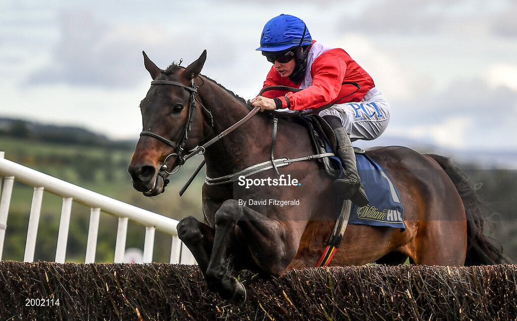 27 April 2021; Allaho, with Rachael Blackmore up, clear the last on their way to finishing second in the William Hill Champion Steeplechase during day one of the Punchestown Festival at Punchestown Racecourse in Kildare. Photo by David Fitzgerald/Sportsfile
