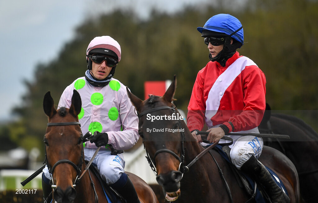 27 April 2021; Rachael Blackmore on Allaho, right, and Paul Townend on Chacun Pour Soi prior to the William Hill Champion Steeplechase during day one of the Punchestown Festival at Punchestown Racecourse in Kildare. Photo by David Fitzgerald/Sportsfile