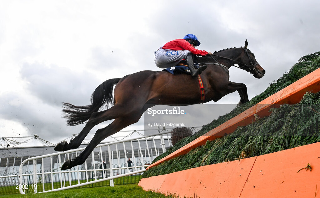 27 April 2021; Allaho, with Rachael Blackmore up, clear the last on their way to finishing second in the William Hill Champion Steeplechase during day one of the Punchestown Festival at Punchestown Racecourse in Kildare. Photo by David Fitzgerald/Sportsfile