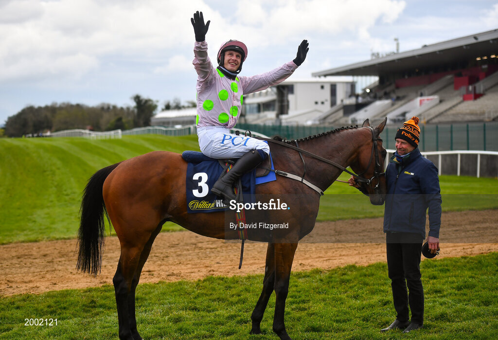 27 April 2021; Paul Townend celebrates on Chacun Pour Soi after winning the William Hill Champion Steeplechase during day one of the Punchestown Festival at Punchestown Racecourse in Kildare. Photo by David Fitzgerald/Sportsfile