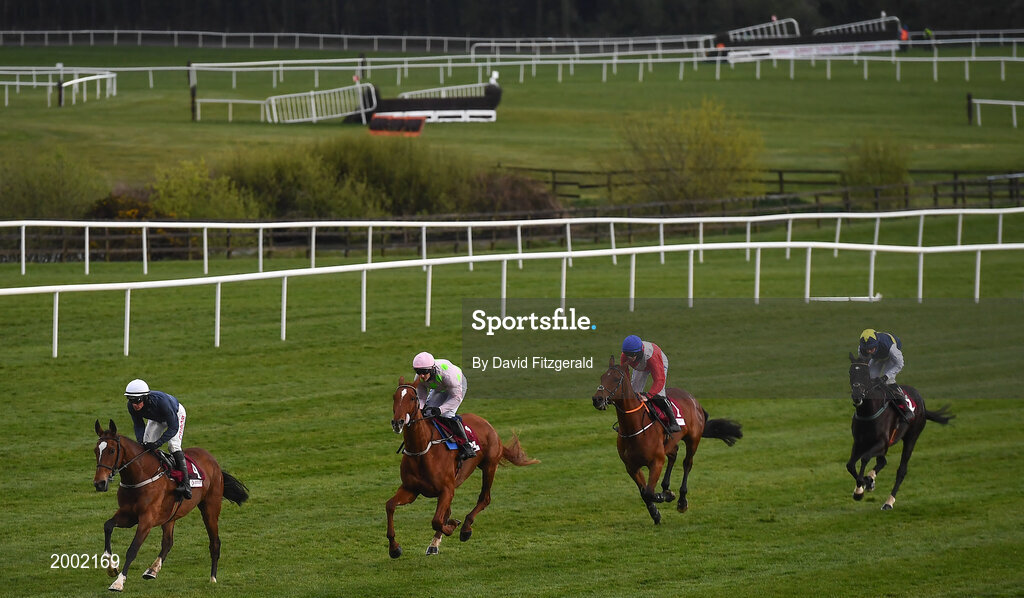 27 April 2021; Runners and riders, from left, Colreevy, with Danny Mullins up, Monkfish, with Paul Townend up, Envoi Allen, with Rachael Blackmore up, and Franco De Port, with Bryan Cooper up, in action during the Dooley Insurance Group Champion Novice Steeplechase during day one of the Punchestown Festival at Punchestown Racecourse in Kildare. Photo by David Fitzgerald/Sportsfile