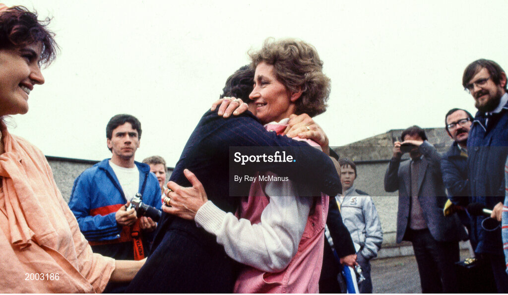 10 June 1985; World boxing featherweight champion Barry McGuigan, accompanied by his wife Sandra, left, is greeted by his mother Katie on his arrival home in Clones, Monaghan, on his return after beating Eusebio Pedroza at Loftus Road in London to win the world featherweight title. Photo by Ray McManus/Sportsfile