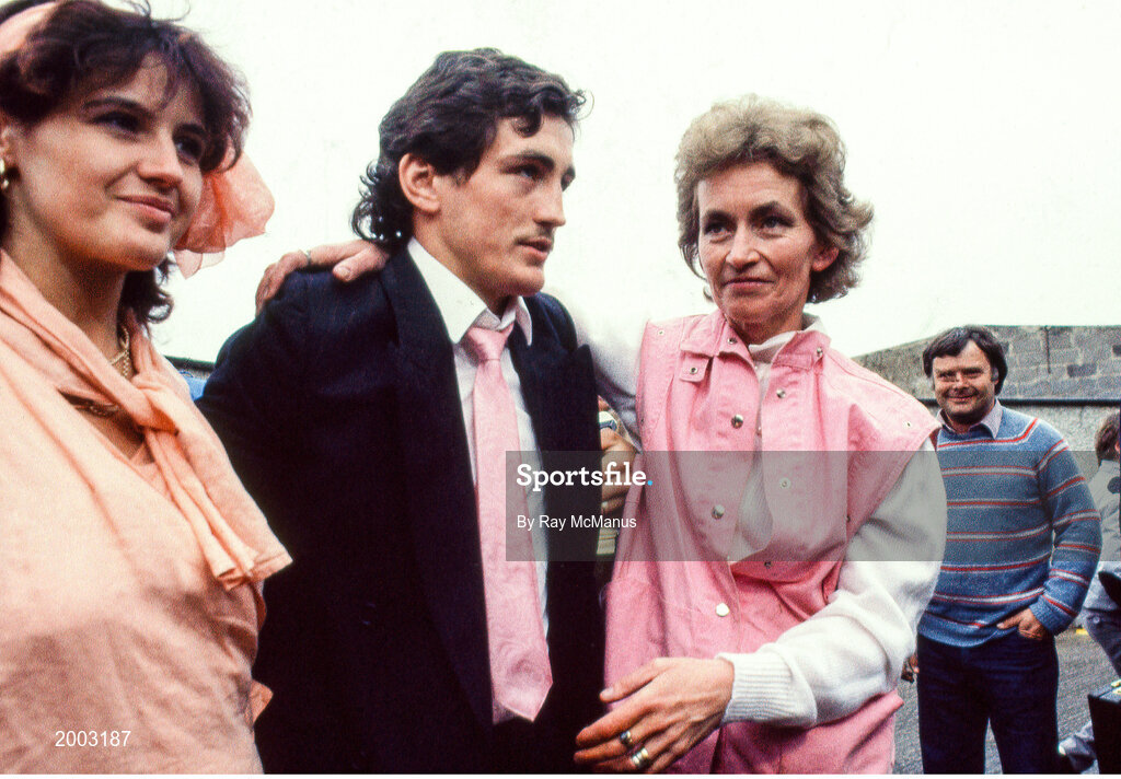 10 June 1985; World boxing featherweight champion Barry McGuigan, accompanied by his wife Sandra, left, is greeted by his mother Katie on his arrival home in Clones, Monaghan, on his return after beating Eusebio Pedroza at Loftus Road in London to win the world featherweight title. Photo by Ray McManus/Sportsfile