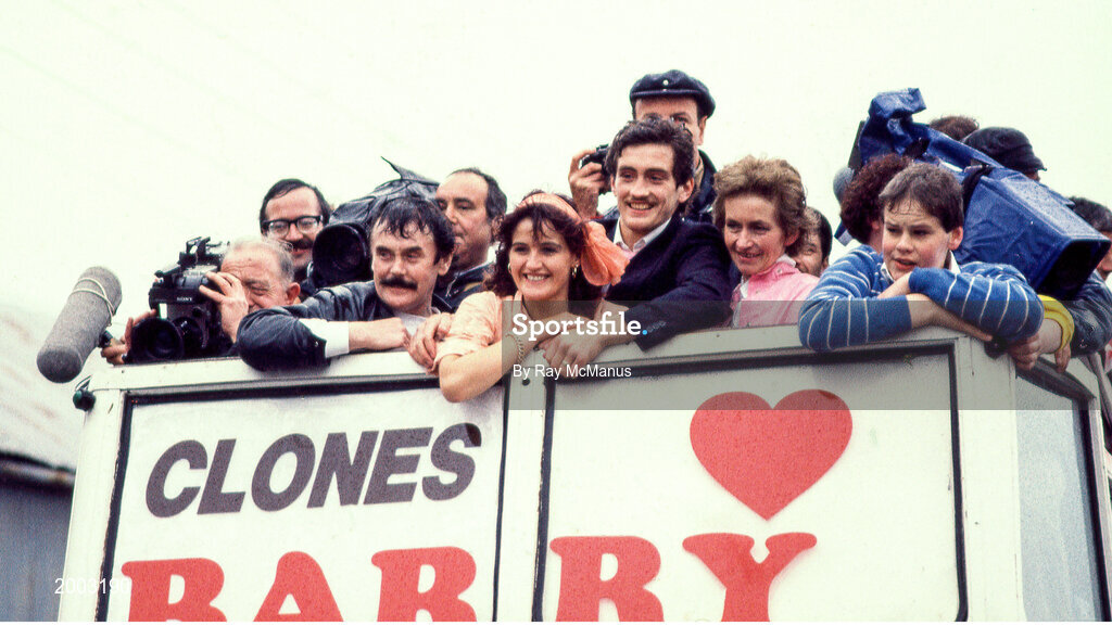 10 June 1985; World boxing featherweight champion Barry McGuigan, accompanied by his wife Sandra and parents Pat and Katie McGuigan, is brought by open top bus into his home town of Clones in Monaghan on his return after beating Eusebio Pedroza at Loftus Road in London to win the world featherweight title. Photo by Ray McManus/Sportsfile
