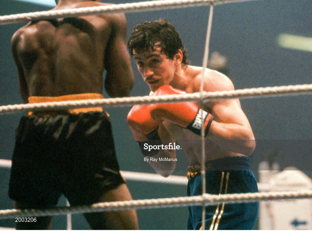 15 February 1986; Barry McGuigan, right, in action against Danilo Cabrera during their WBA World Featherweight Title Fight at the RDS in Dublin. Photo by Ray McManus/Sportsfile