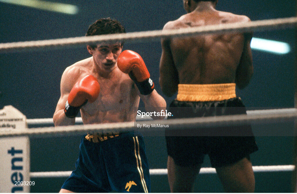 15 February 1986; Barry McGuigan, left, in action against Danilo Cabrera during their WBA World Featherweight Title Fight at the RDS in Dublin. Photo by Ray McManus/Sportsfile