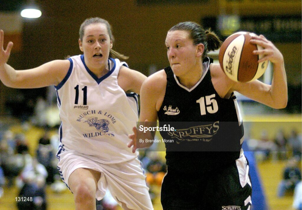30 January 2004; Sara Cartmill, Scruffy St. Paul's, in action against Jennifer Maher, Bausch & Lomb Wildcats. ESB National Cup 2004, Senior Women's Semi-Final, Scruffy St. Paul's v Bausch & Lomb Wildcats, The ESB Arena, Tallaght, Dublin. Picture credit; Brendan Moran / SPORTSFILE *EDI*