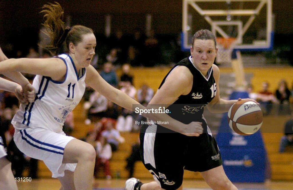 30 January 2004; Sara Cartmill, Scruffy St. Paul's, in action against Jennifer Maher, Bausch & Lomb Wildcats. ESB National Cup 2004, Senior Women's Semi-Final, Scruffy St. Paul's v Bausch & Lomb Wildcats, The ESB Arena, Tallaght, Dublin. Picture credit; Brendan Moran / SPORTSFILE *EDI*