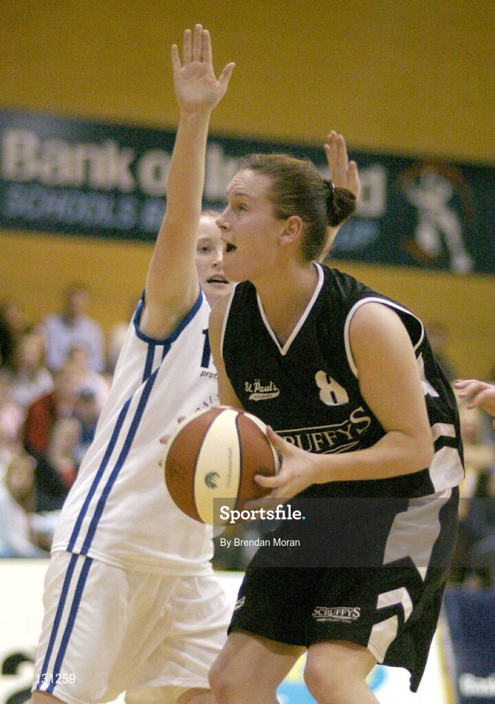 30 January 2004; Caitriona O'Connell, Scruffy St. Paul's, in action against Jenny Coady, Bausch & Lomb Wildcats. ESB National Cup 2004, Senior Women's Semi-Final, Scruffy St. Paul's v Bausch & Lomb Wildcats, The ESB Arena, Tallaght, Dublin. Picture credit; Brendan Moran / SPORTSFILE *EDI*