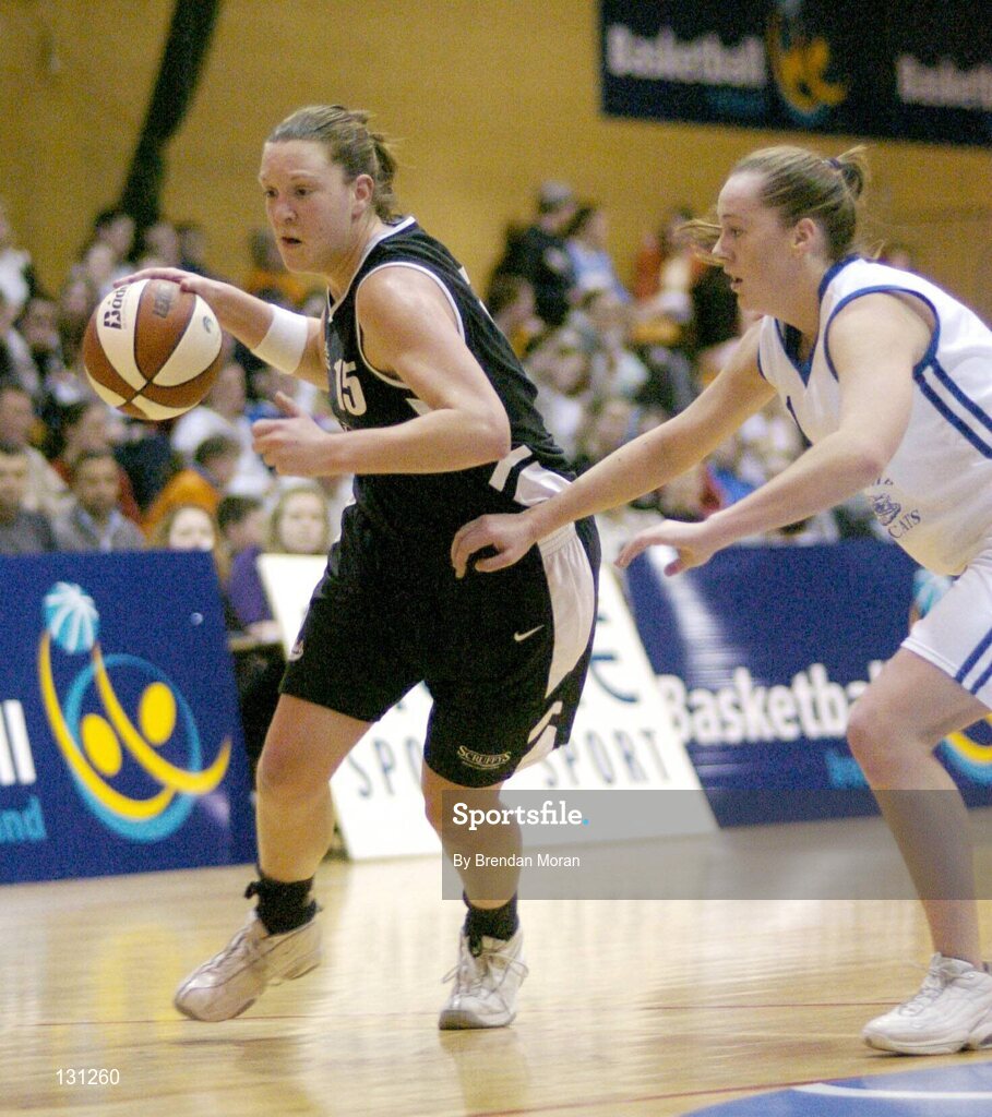 30 January 2004; Sara Cartmill, Scruffy St. Paul's, in action against Jennifer Maher, Bausch & Lomb Wildcats. ESB National Cup 2004, Senior Women's Semi-Final, Scruffy St. Paul's v Bausch & Lomb Wildcats, The ESB Arena, Tallaght, Dublin. Picture credit; Brendan Moran / SPORTSFILE *EDI*